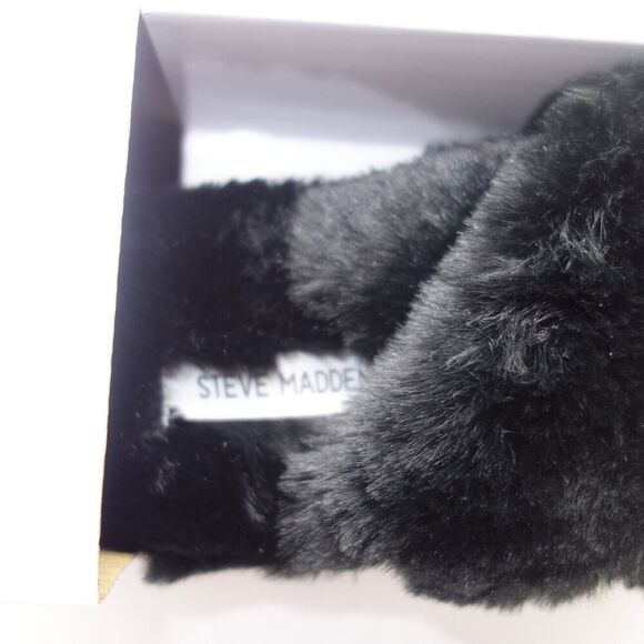NEW Steve Madden Faux Fur Fuzzy Criss Cross Slip On Slippers Women's 5-6 BLACK - Picture 5 of 9
